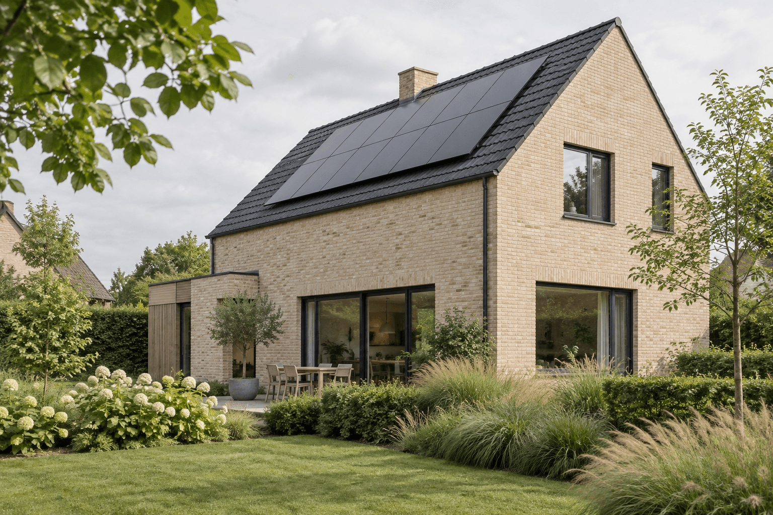 Illustratief beeld van een Belgische woning met zonnepanelen in een groene tuin